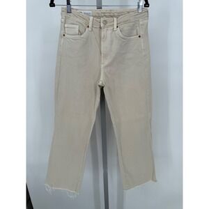 Zara Woman Cropped Jeans Frayed Hem High‎ Waist Beige Denim Size 6